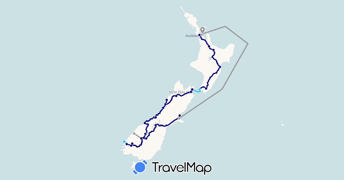TravelMap itinerary: driving, plane, boat in New Zealand (Oceania)